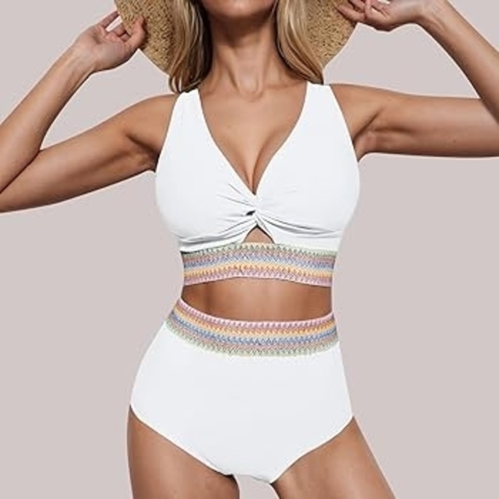 White Cutout One-Piece Swimsuit with Rainbow Band
